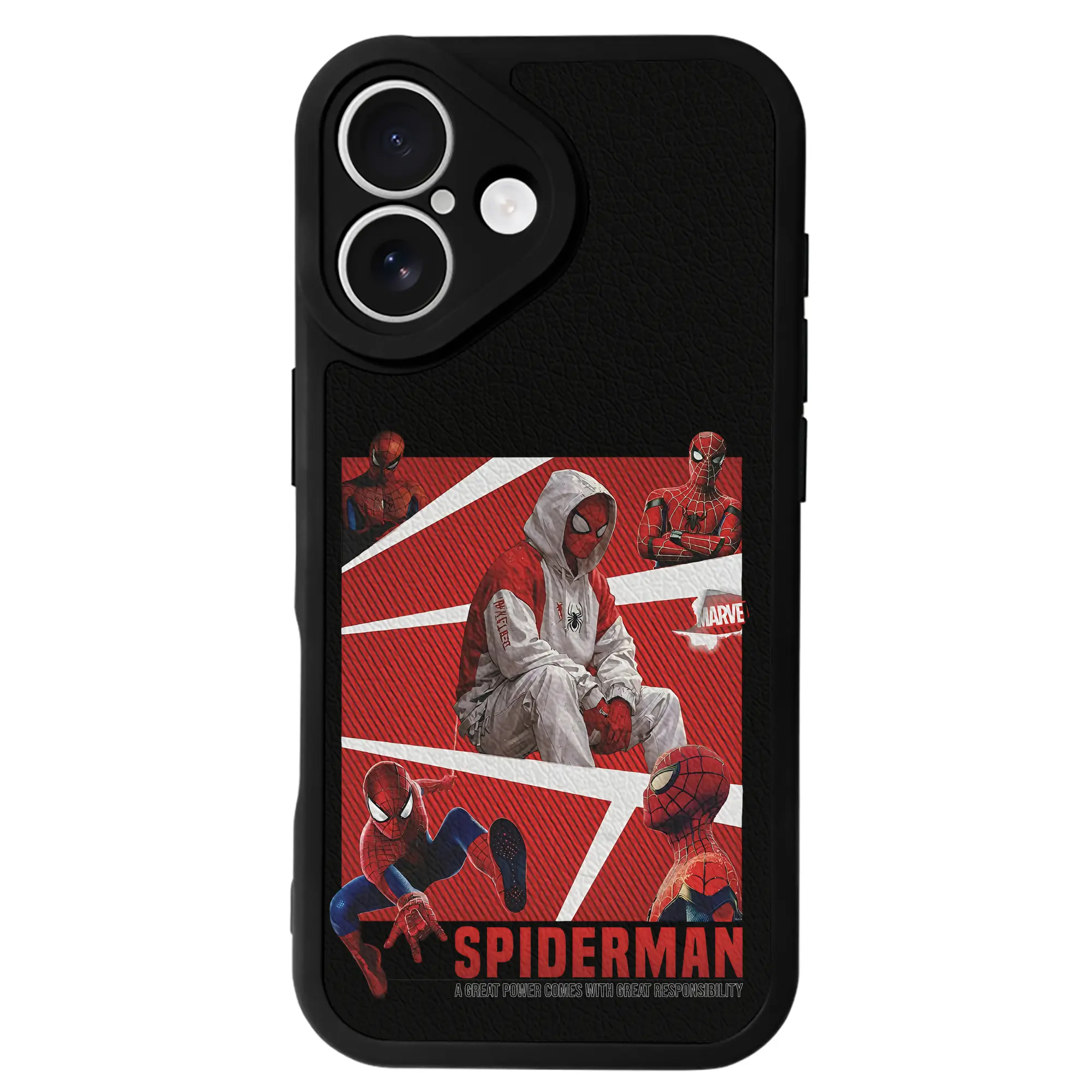 アベンジャーズ (Avenjāzu) グッズ スパイダーマン（Spider-Man） - IPhone 16シリーズ対応 ・ シリコンスマホケース ・ レザー調 ・ 高精度フィット ・ 耐衝撃 ・ ワイヤレス充電対応 ・ 精密カット
